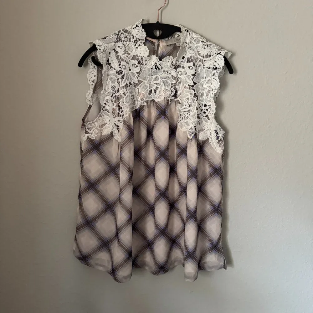 🌸 LOFT Lace Top Sleeveless Plaid Blouse Medium 🌸